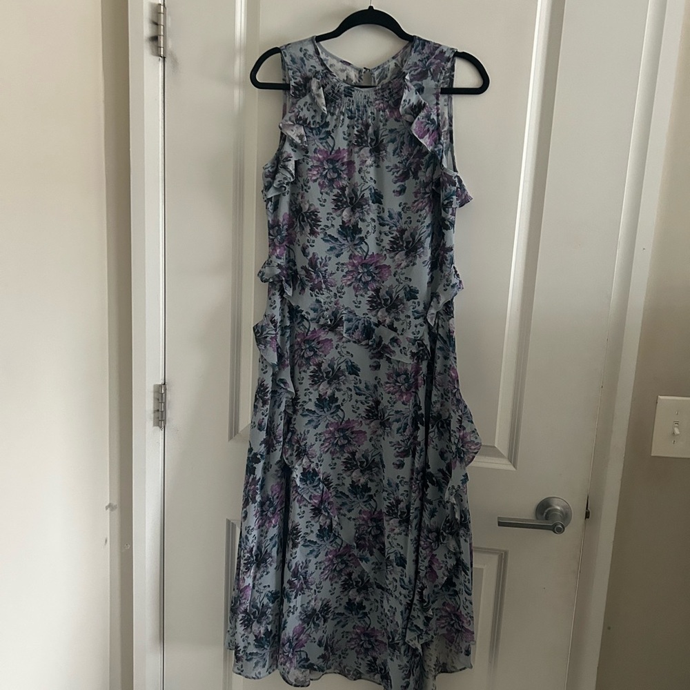Sundance Floral Ruffle Midi Dress in Light Blue and Purple